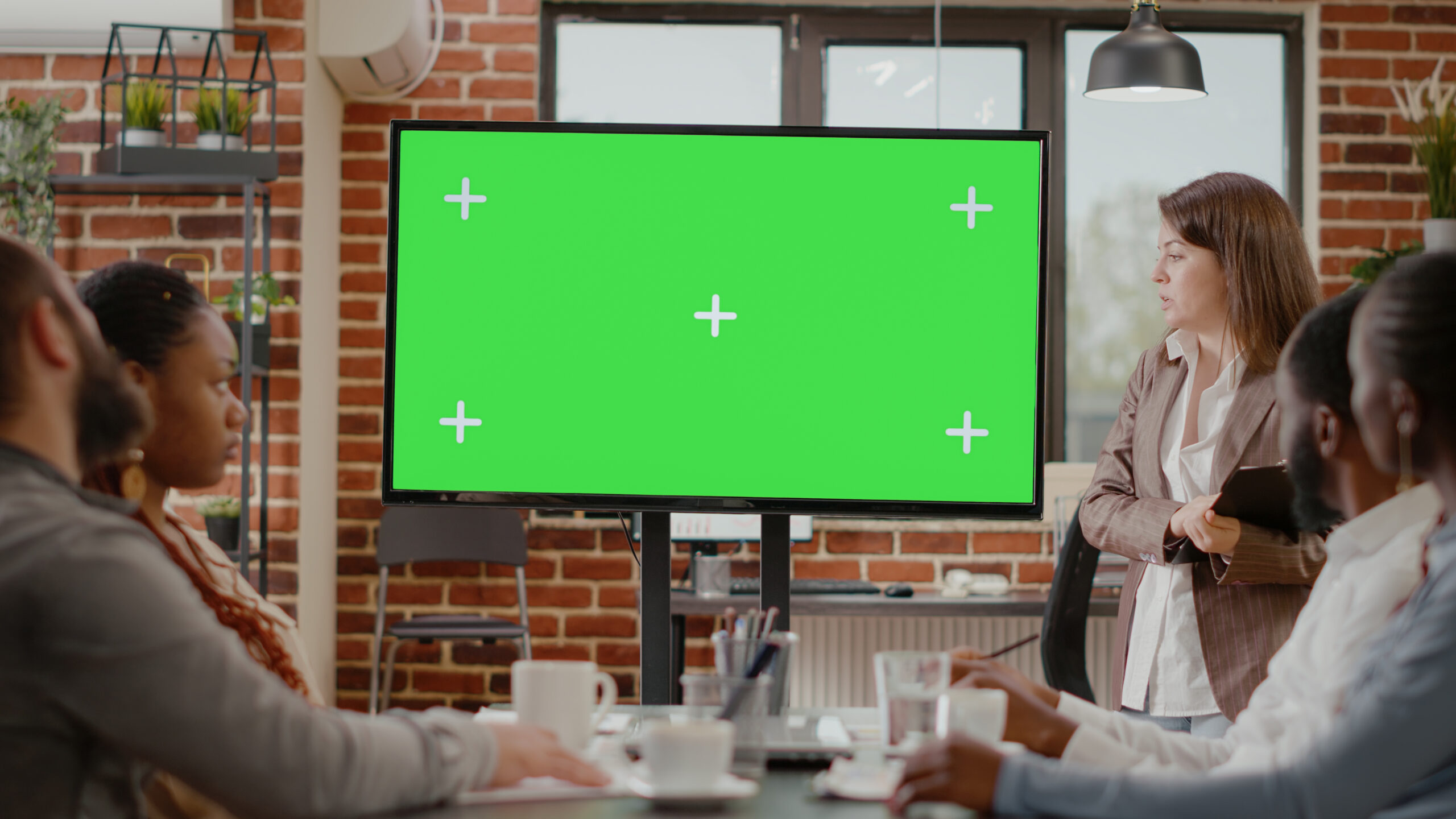 Diverse business people looking at green screen on monitor display